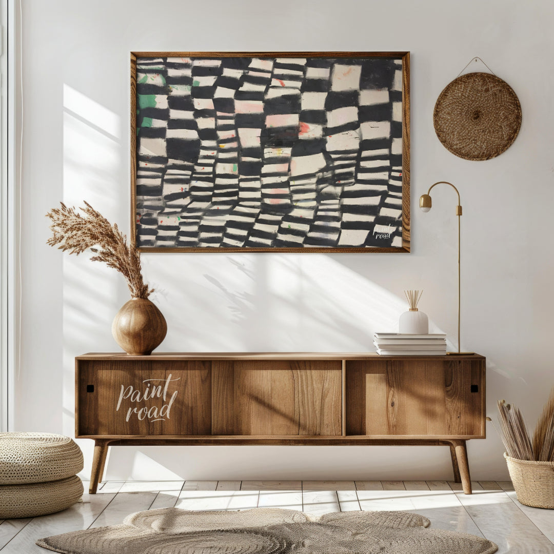"""Chromatic Grid"" presents a dynamic abstract pattern featuring a grid-like structure with altern… for living room