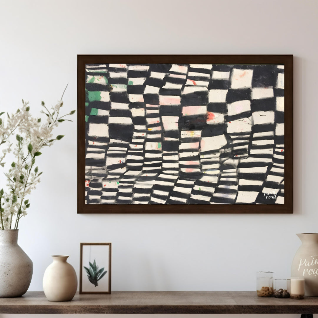 """Chromatic Grid"" presents a dynamic abstract pattern featuring a grid-like structure with altern… for other
