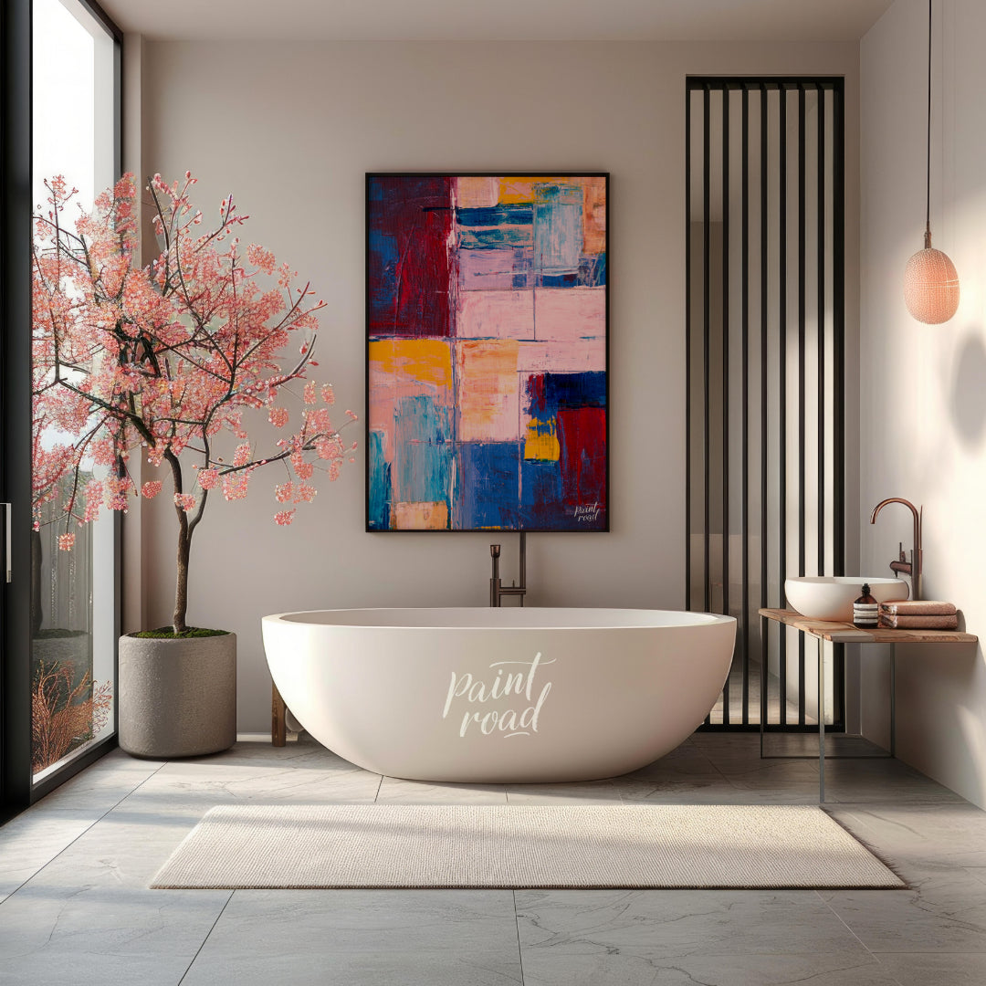 This abstract painting features a vibrant grid-like composition, filled with a rich tapestry of col… for bathroom