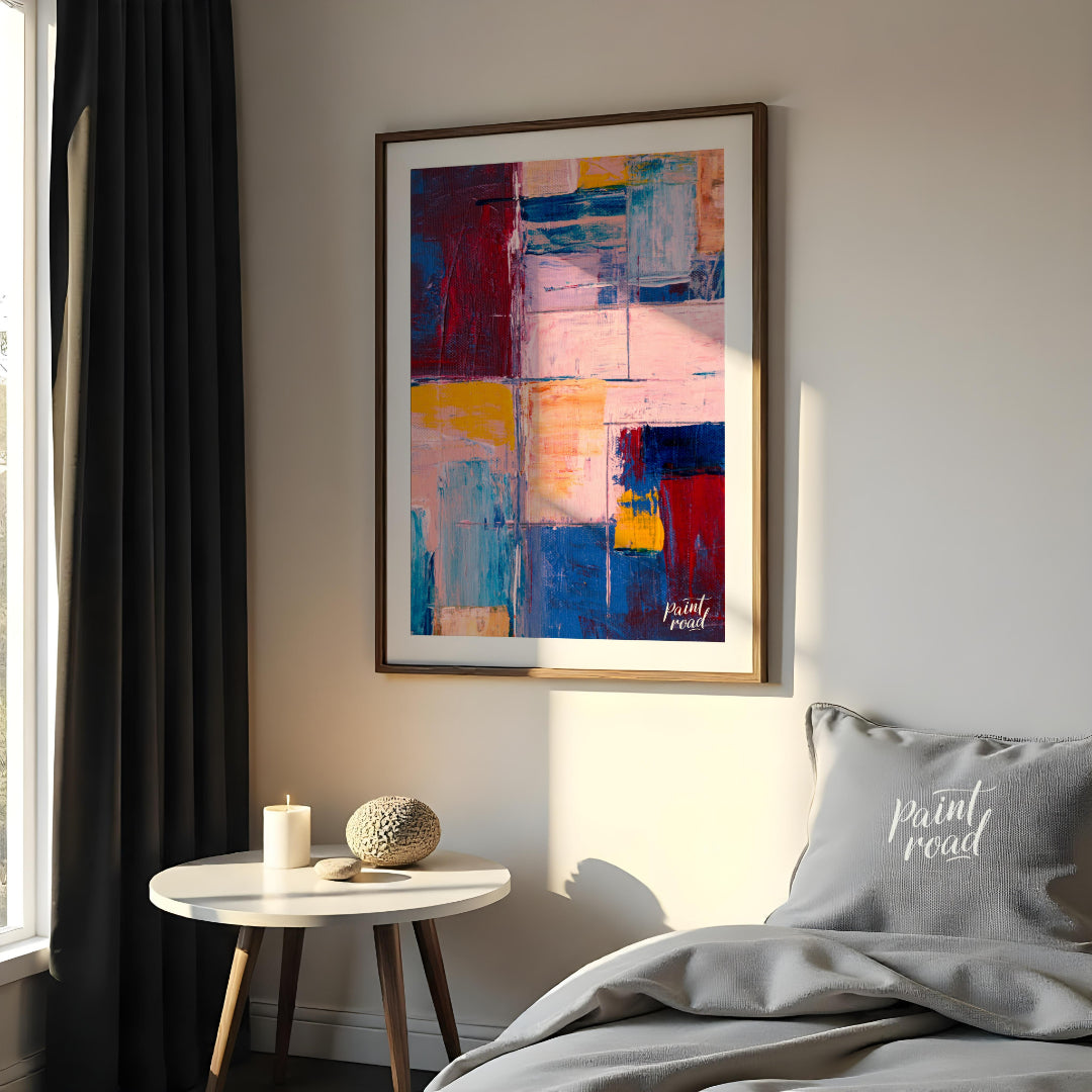 This abstract painting features a vibrant grid-like composition, filled with a rich tapestry of col… for bedroom