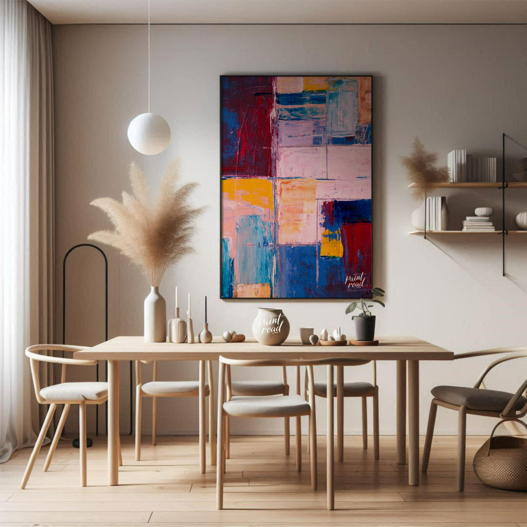 This abstract painting features a vibrant grid-like composition, filled with a rich tapestry of col… for dining room