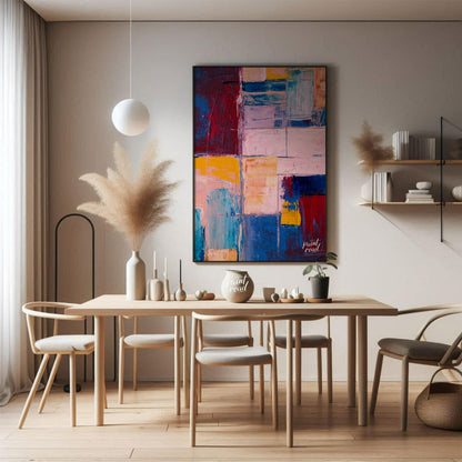 This abstract painting features a vibrant grid-like composition, filled with a rich tapestry of col… for dining room