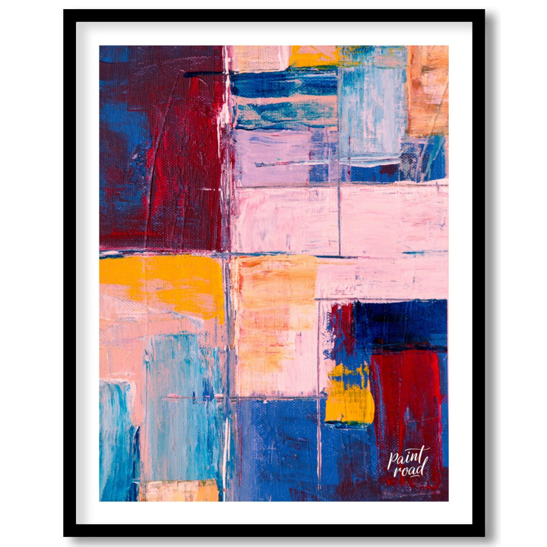 This abstract painting features a vibrant grid-like composition, filled with a rich tapestry of col… for home