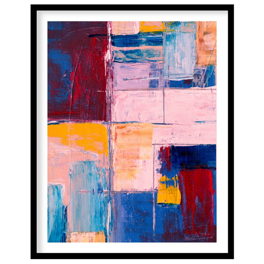 This abstract painting features a vibrant grid-like composition, filled with a rich tapestry of col… for home