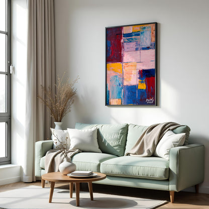 This abstract painting features a vibrant grid-like composition, filled with a rich tapestry of col… for living room