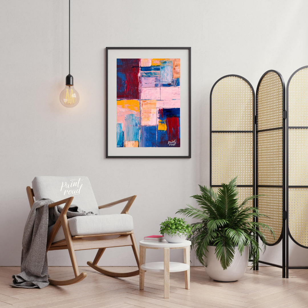 This abstract painting features a vibrant grid-like composition, filled with a rich tapestry of col… for living room