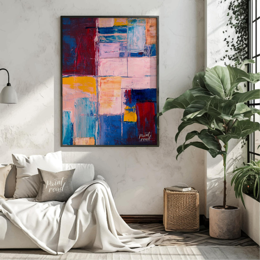 This abstract painting features a vibrant grid-like composition, filled with a rich tapestry of col… for living room
