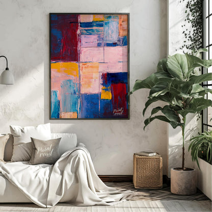 This abstract painting features a vibrant grid-like composition, filled with a rich tapestry of col… for living room