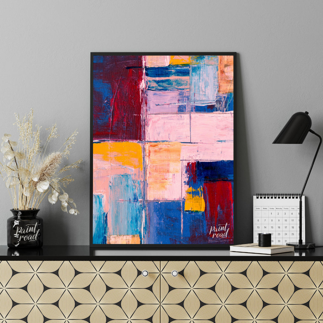 This abstract painting features a vibrant grid-like composition, filled with a rich tapestry of col… for office