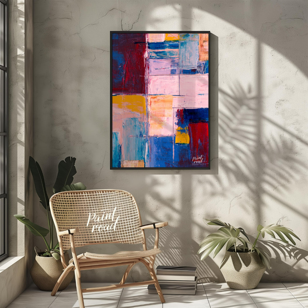 This abstract painting features a vibrant grid-like composition, filled with a rich tapestry of col… for other