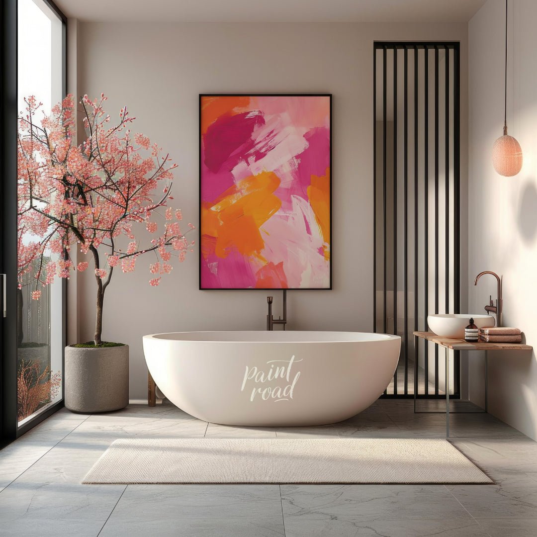 This abstract painting features a vibrant interplay of bold brushstrokes in shades of pink, orange,… for bathroom