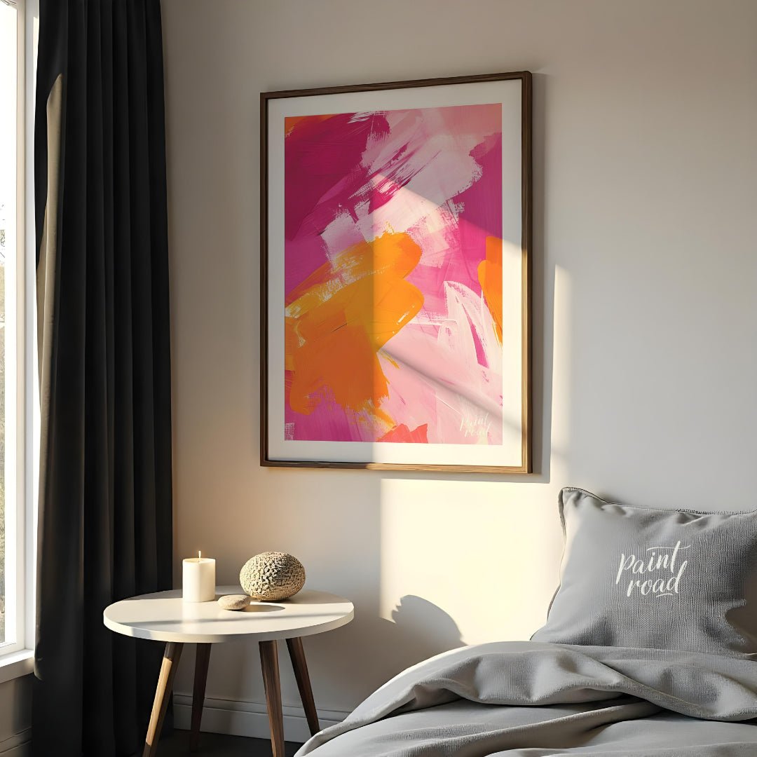 This abstract painting features a vibrant interplay of bold brushstrokes in shades of pink, orange,… for bedroom