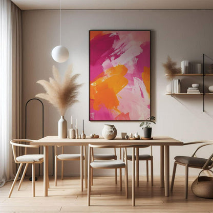 This abstract painting features a vibrant interplay of bold brushstrokes in shades of pink, orange,… for dining room