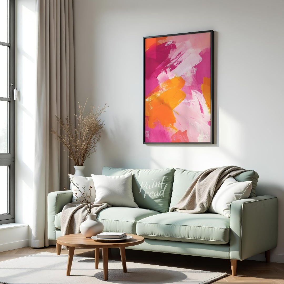 This abstract painting features a vibrant interplay of bold brushstrokes in shades of pink, orange,… for living room