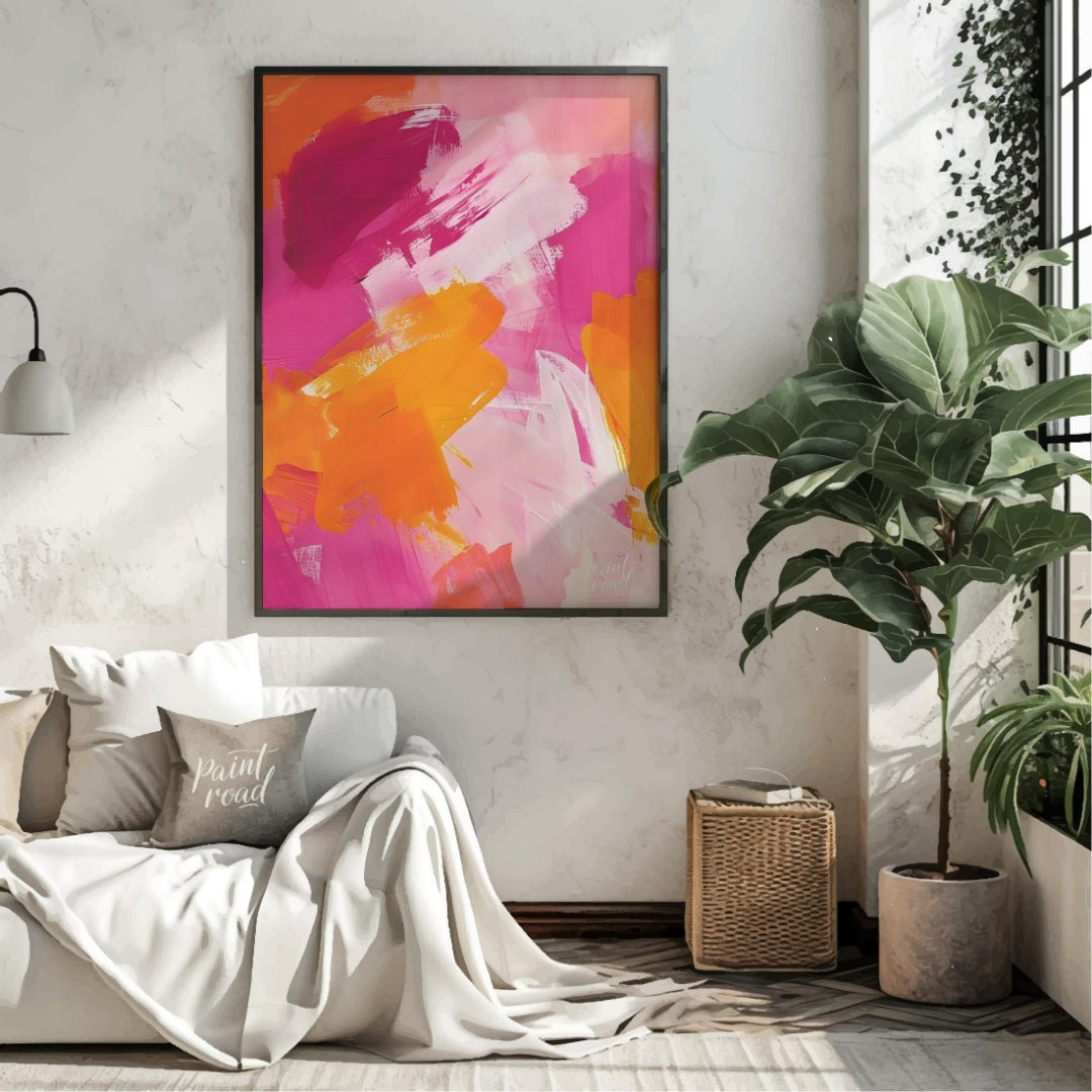 This abstract painting features a vibrant interplay of bold brushstrokes in shades of pink, orange,… for living room