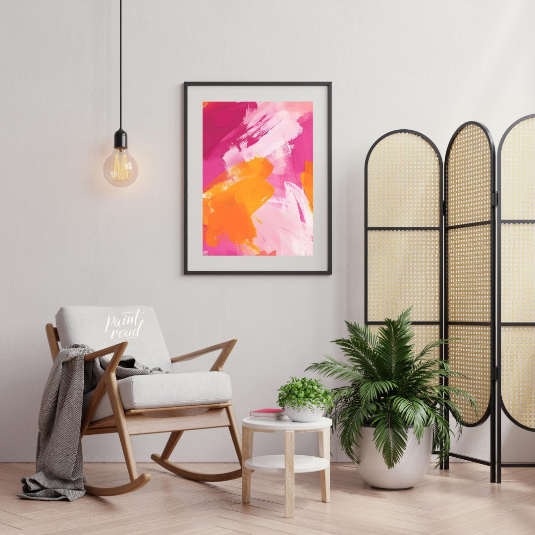 This abstract painting features a vibrant interplay of bold brushstrokes in shades of pink, orange,… for living room