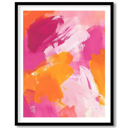 This abstract painting features a vibrant interplay of bold brushstrokes in shades of pink, orange,… for lovely house