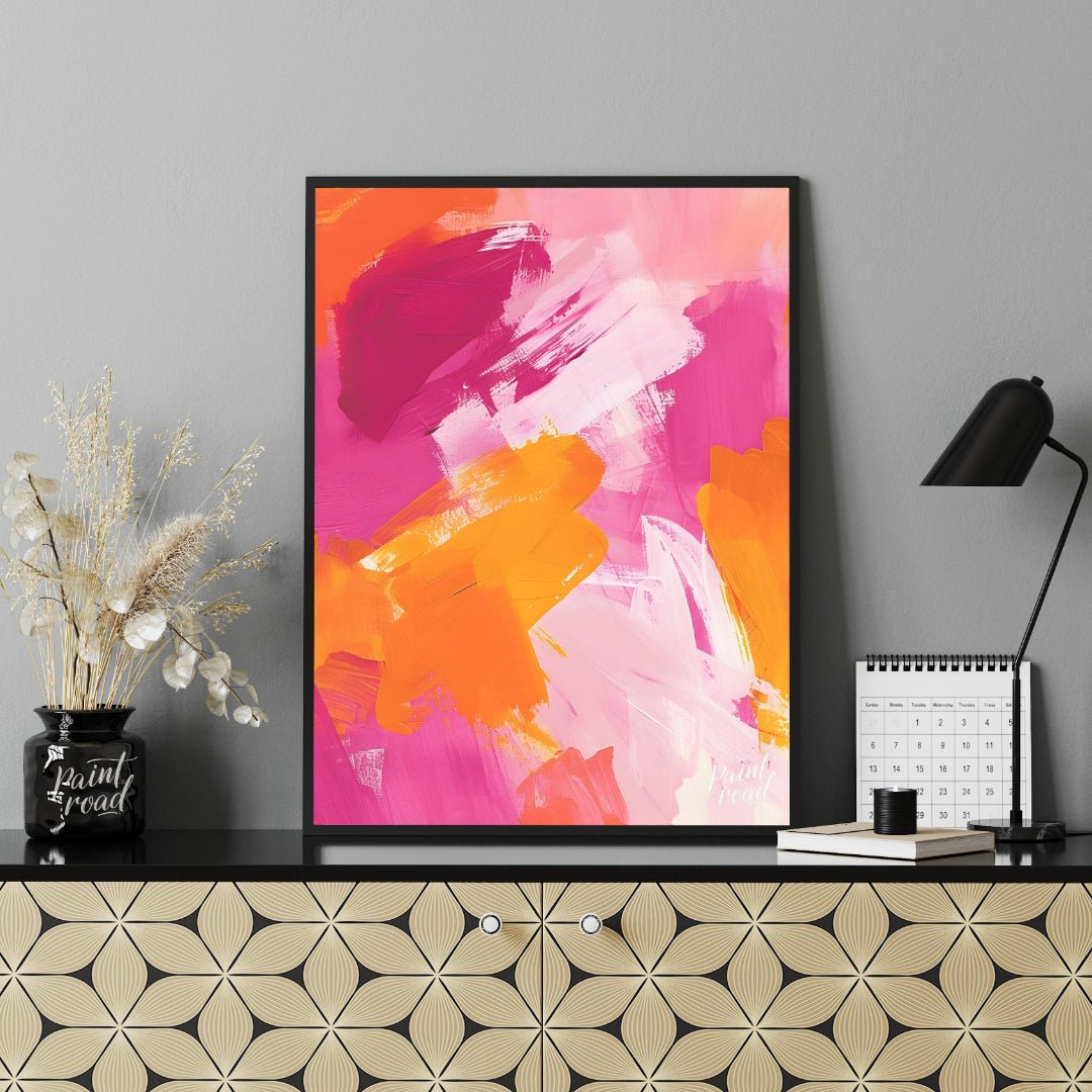 This abstract painting features a vibrant interplay of bold brushstrokes in shades of pink, orange,… for office