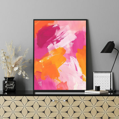This abstract painting features a vibrant interplay of bold brushstrokes in shades of pink, orange,… for office