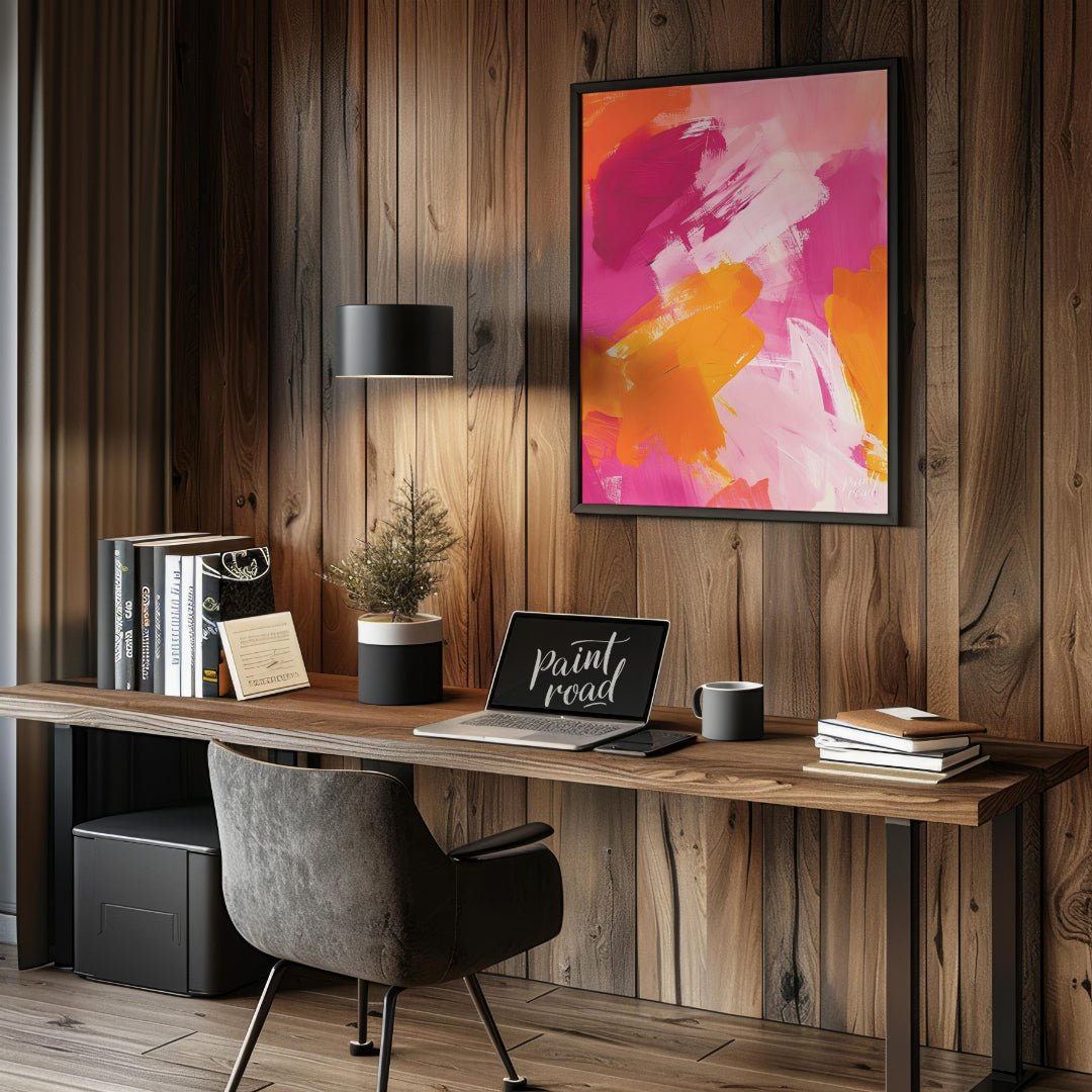 This abstract painting features a vibrant interplay of bold brushstrokes in shades of pink, orange,… for office