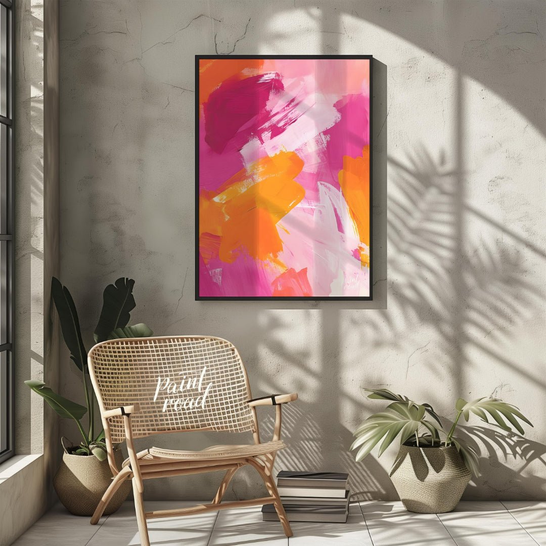 This abstract painting features a vibrant interplay of bold brushstrokes in shades of pink, orange,… for other