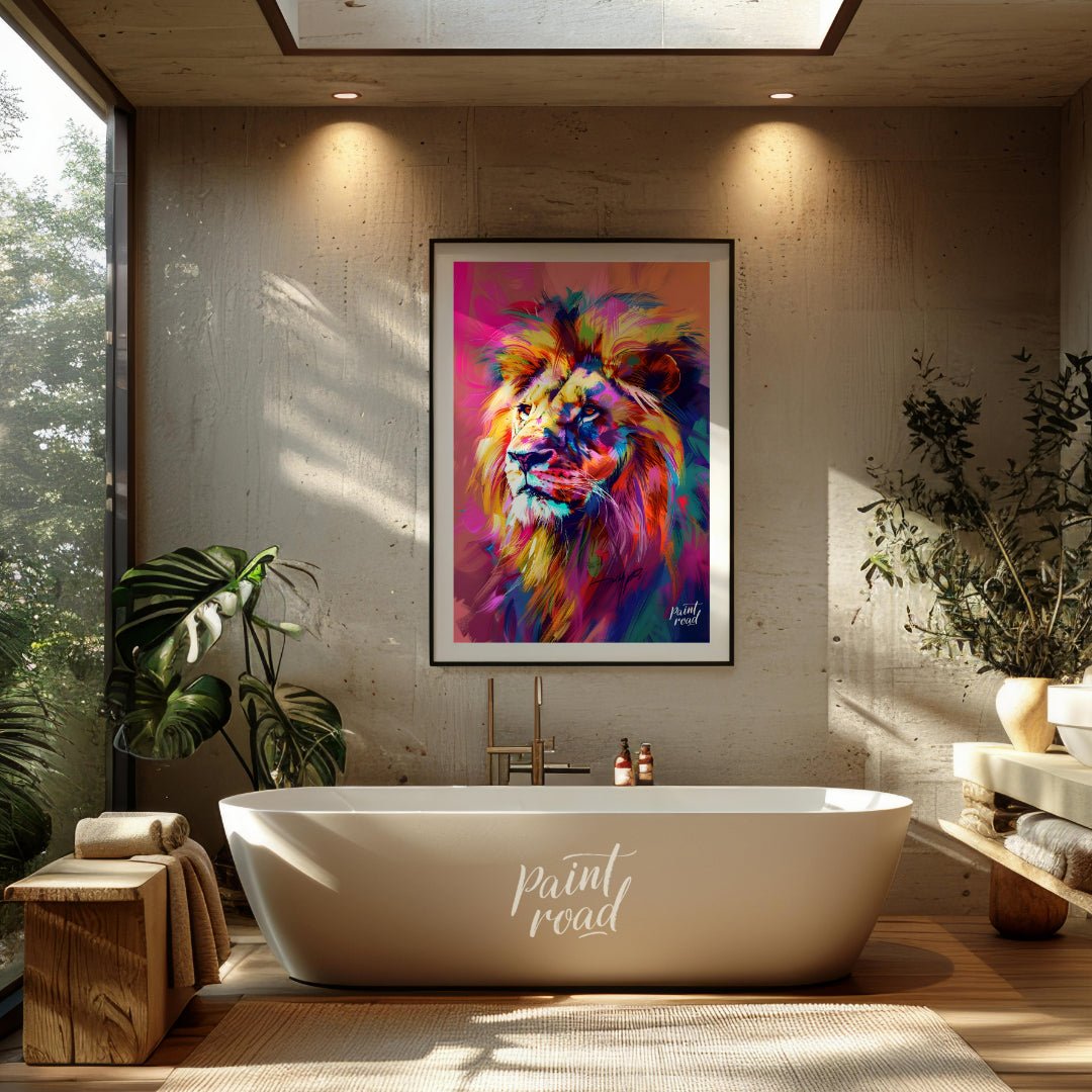 This digital artwork presents a powerful lion portrait, rendered in a striking array of vibrant, ch… for bathroom