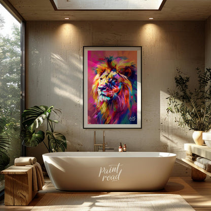 This digital artwork presents a powerful lion portrait, rendered in a striking array of vibrant, ch… for bathroom