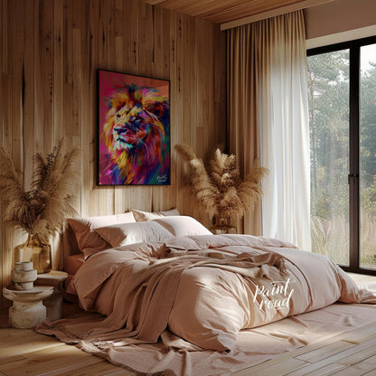 This digital artwork presents a powerful lion portrait, rendered in a striking array of vibrant, ch… for bedroom