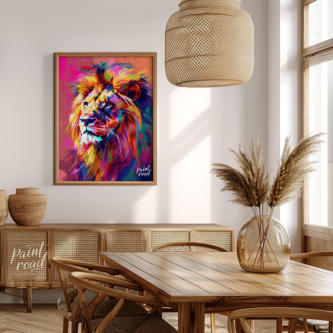 This digital artwork presents a powerful lion portrait, rendered in a striking array of vibrant, ch… for dining room
