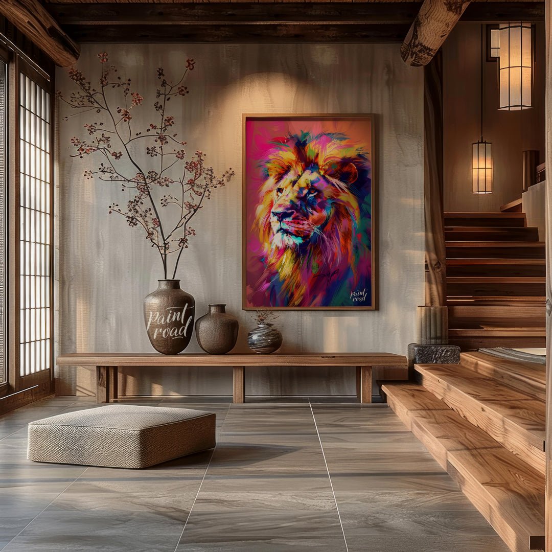 This digital artwork presents a powerful lion portrait, rendered in a striking array of vibrant, ch… for entryway