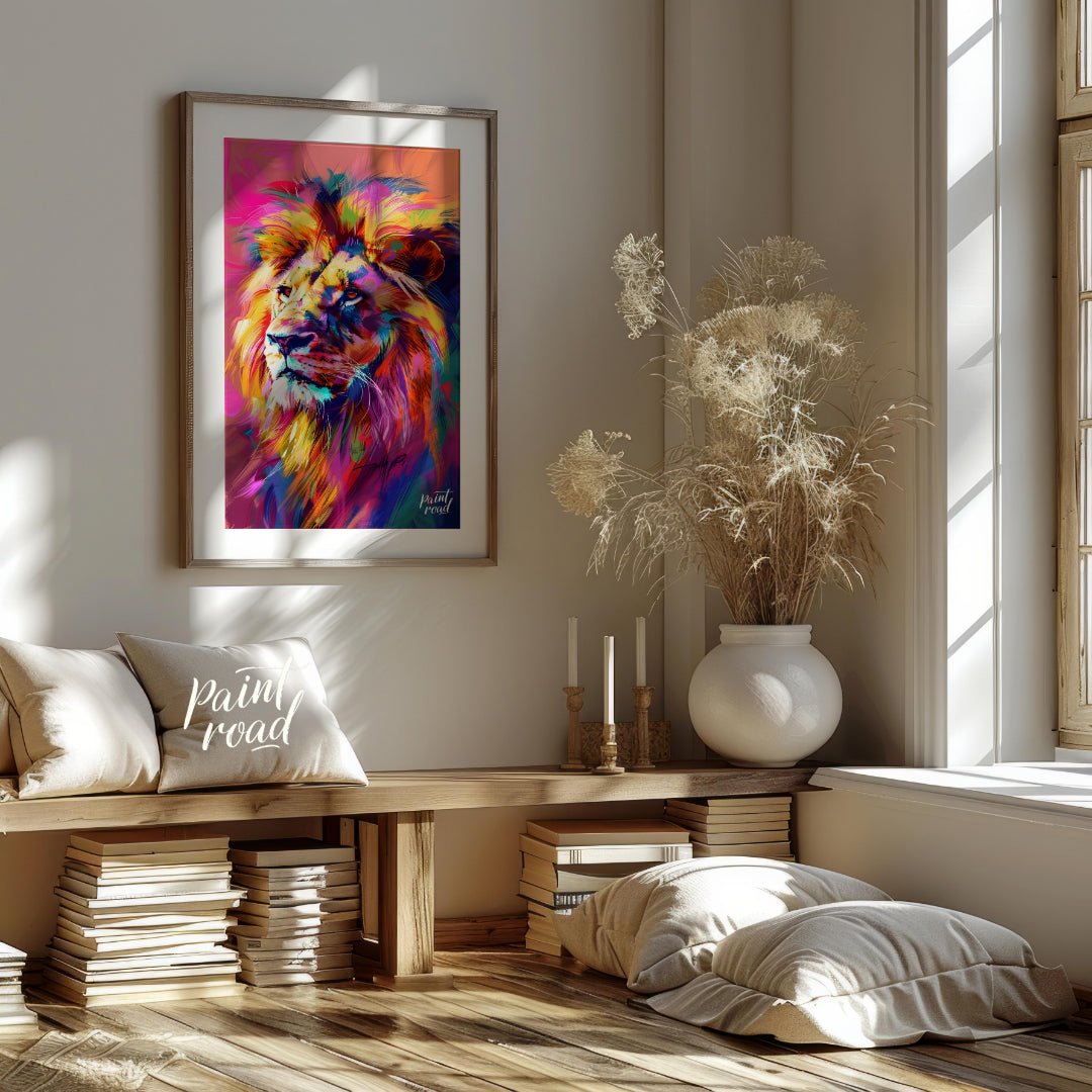 This digital artwork presents a powerful lion portrait, rendered in a striking array of vibrant, ch… for living room
