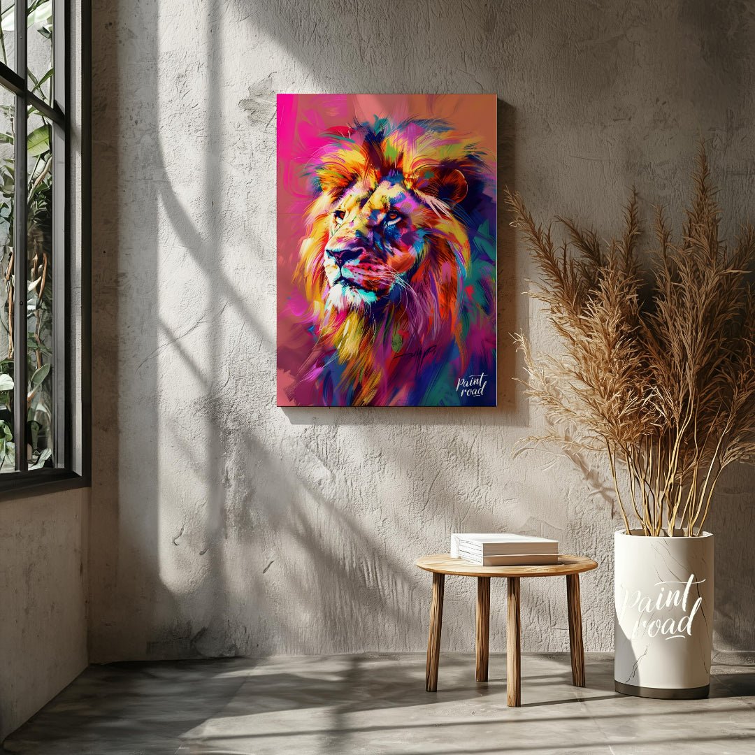 This digital artwork presents a powerful lion portrait, rendered in a striking array of vibrant, ch… for living room
