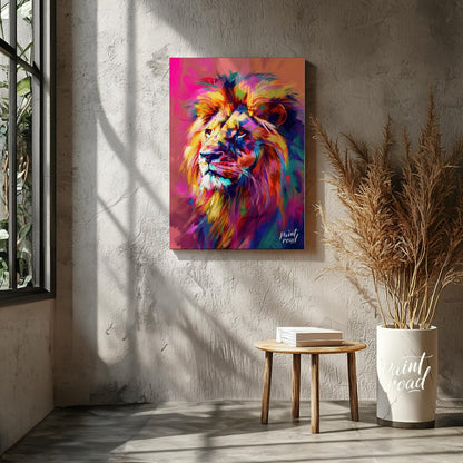 This digital artwork presents a powerful lion portrait, rendered in a striking array of vibrant, ch… for living room