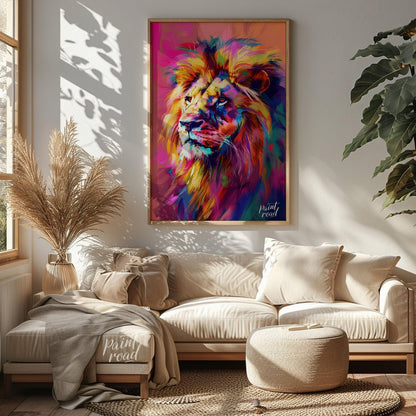 This digital artwork presents a powerful lion portrait, rendered in a striking array of vibrant, ch… for living room