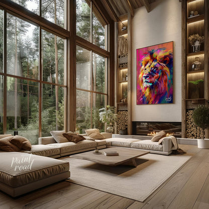 This digital artwork presents a powerful lion portrait, rendered in a striking array of vibrant, ch… for living room