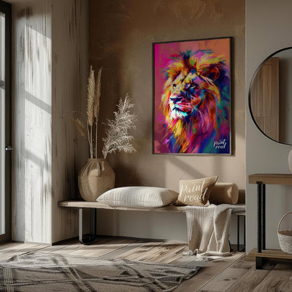 This digital artwork presents a powerful lion portrait, rendered in a striking array of vibrant, ch… for living room
