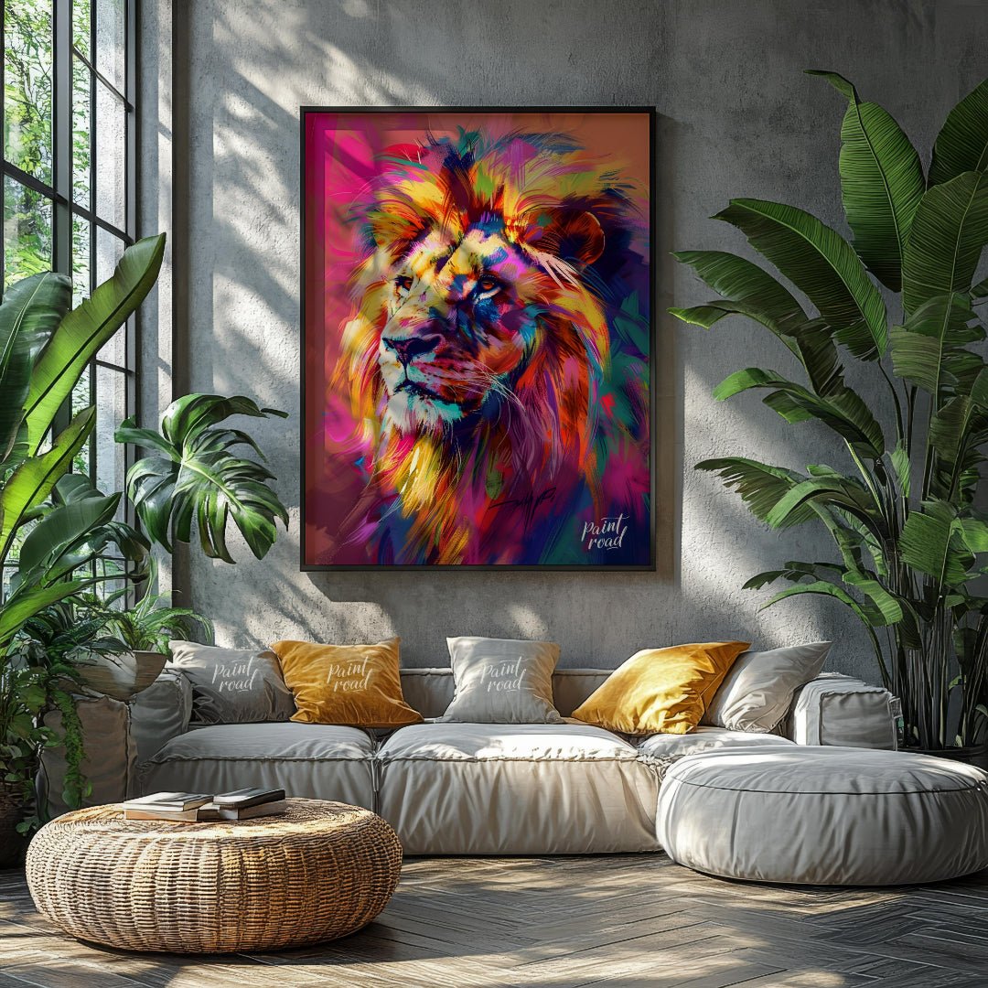 This digital artwork presents a powerful lion portrait, rendered in a striking array of vibrant, ch… for living room