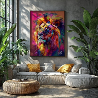 This digital artwork presents a powerful lion portrait, rendered in a striking array of vibrant, ch… for living room