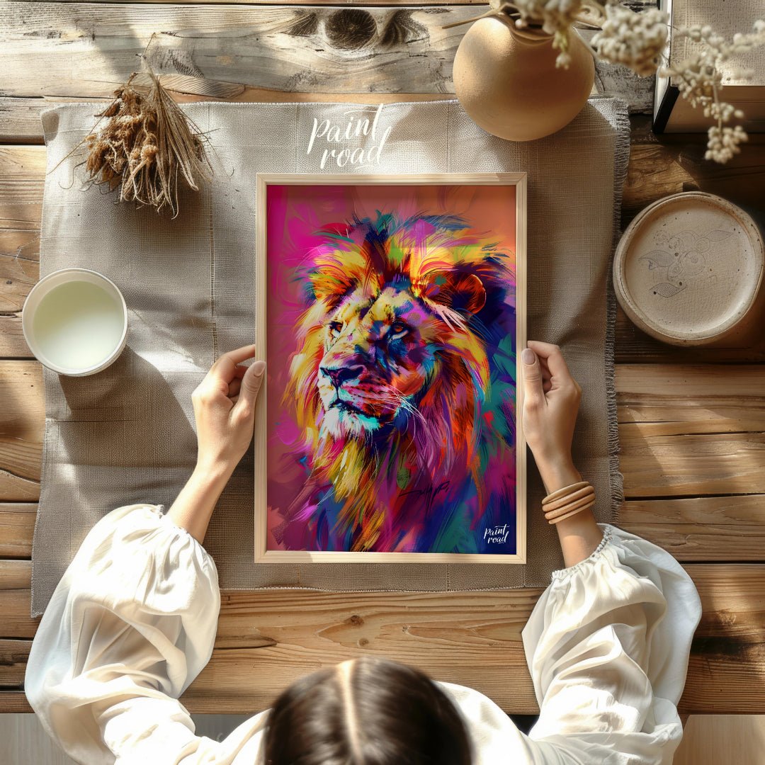 This digital artwork presents a powerful lion portrait, rendered in a striking array of vibrant, ch… for other