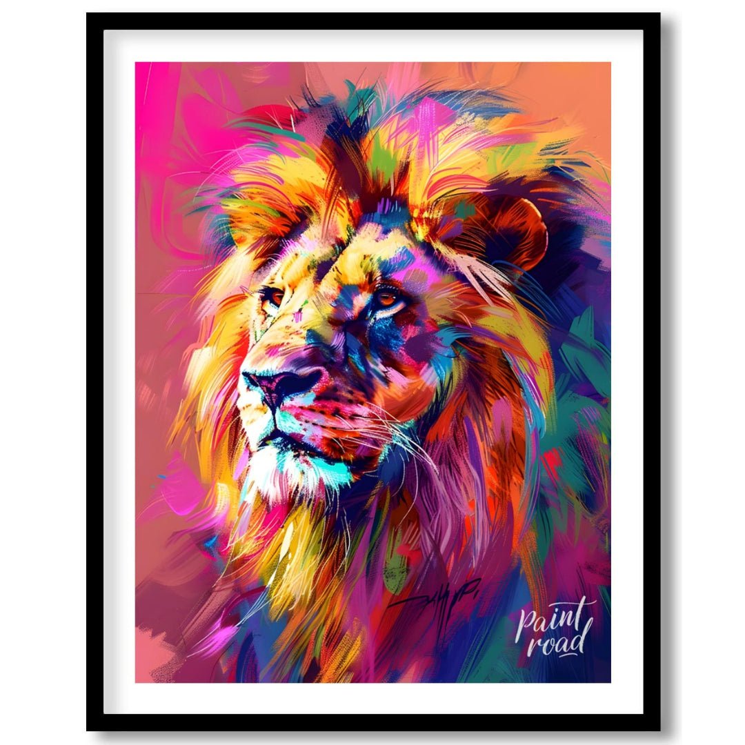 This digital artwork presents a powerful lion portrait, rendered in a striking array of vibrant, ch… for place