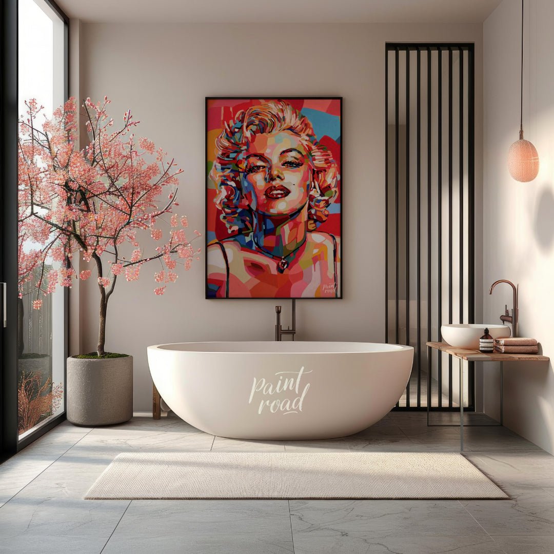 This vibrant painting reimagines the iconic Marilyn Monroe in a bold, contemporary style. The artis… for bathroom