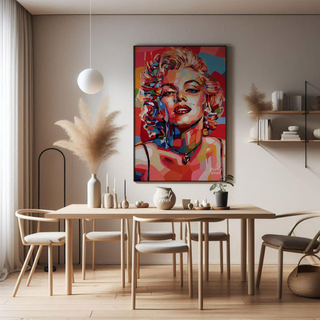 This vibrant painting reimagines the iconic Marilyn Monroe in a bold, contemporary style. The artis… for dining room