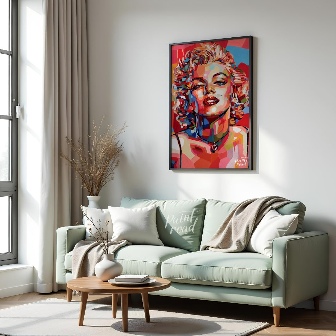 This vibrant painting reimagines the iconic Marilyn Monroe in a bold, contemporary style. The artis… for living room