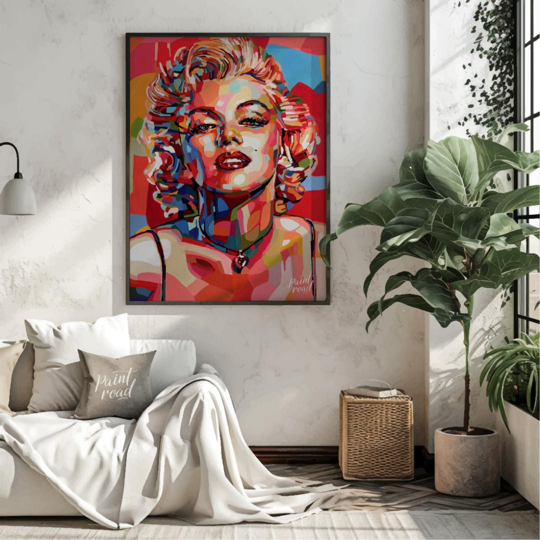 This vibrant painting reimagines the iconic Marilyn Monroe in a bold, contemporary style. The artis… for living room