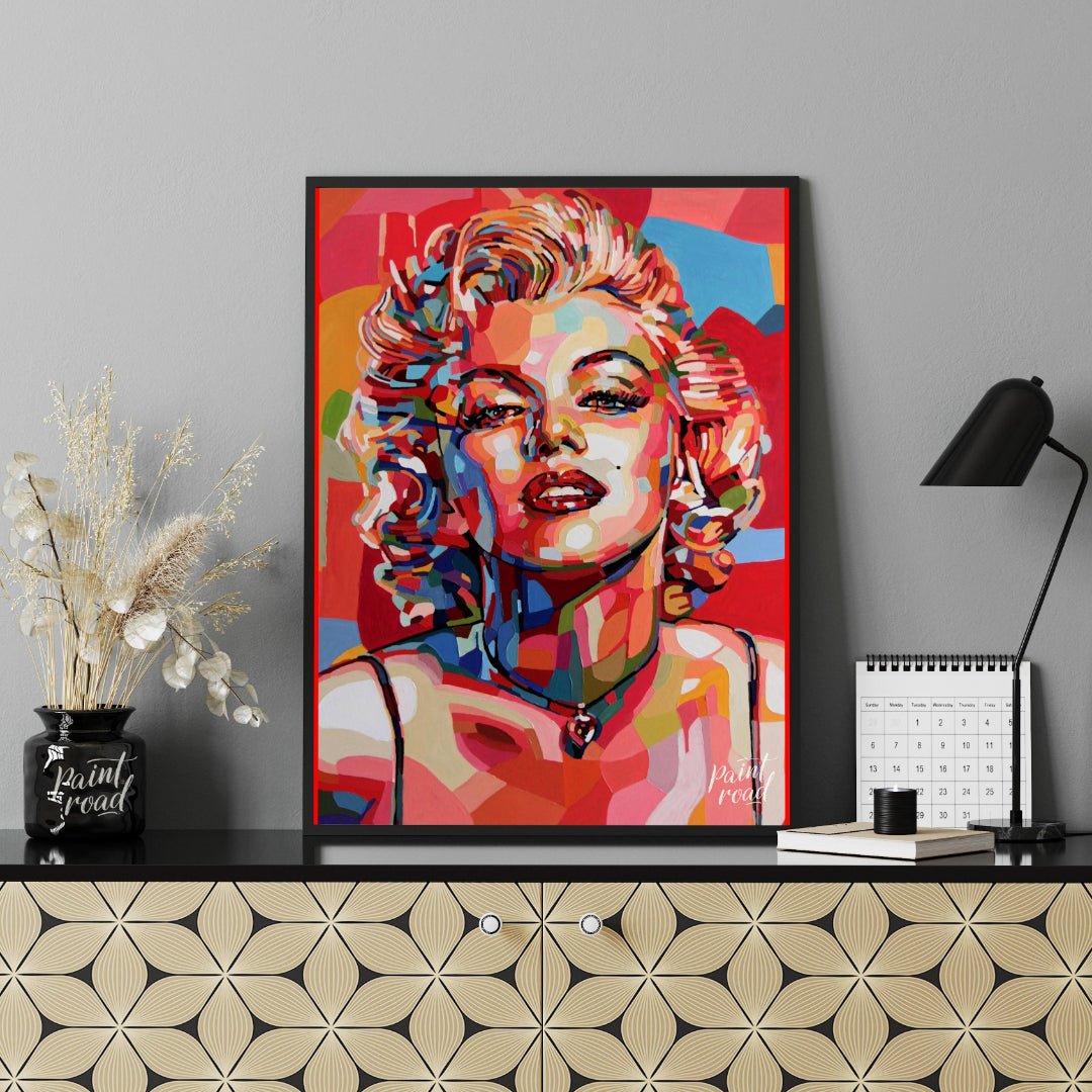 This vibrant painting reimagines the iconic Marilyn Monroe in a bold, contemporary style. The artis… for office