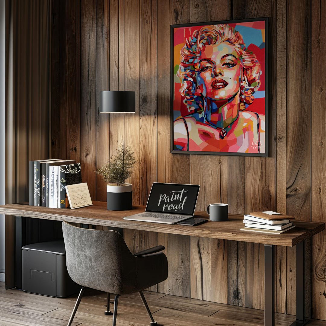 This vibrant painting reimagines the iconic Marilyn Monroe in a bold, contemporary style. The artis… for office