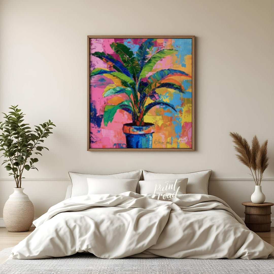 "Chromatic Plant" presents a vibrant depiction of a potted plant against a backdrop of abstract, co… for bedroom