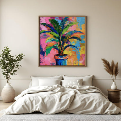 "Chromatic Plant" presents a vibrant depiction of a potted plant against a backdrop of abstract, co… for bedroom