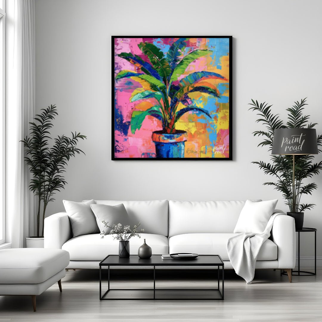 "Chromatic Plant" presents a vibrant depiction of a potted plant against a backdrop of abstract, co… for living room