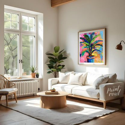 "Chromatic Plant" presents a vibrant depiction of a potted plant against a backdrop of abstract, co… for living room